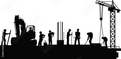 Construction Site Silhouette with Workers, Excavator and Tower Crane, Industrial Building Process, Engineering and Infrastructure Development Concept Isolated on White Background