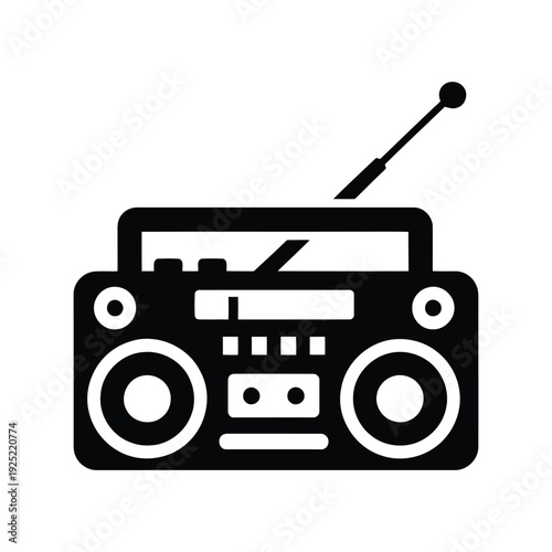 Black boombox vector icon, retro music player, stereo sound equipment Vector