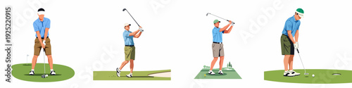 A collection of golfers in various action poses, from driving to putting, illustrating different stages of a golf game.