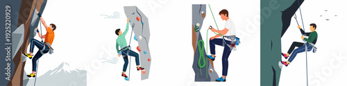 Dynamic illustrations showcasing men engaged in rock climbing, bouldering, rappelling, and gear preparation across natural and artificial walls.