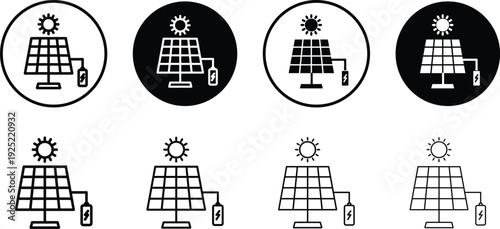Comprehensive set of solar panel icons featuring sun and battery charging symbols in various black and white linear, solid, and circular badge styles.