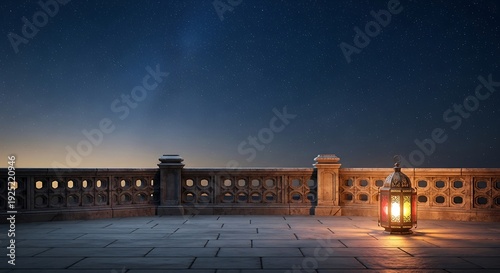 Serene Arabian balcony at dusk with ornamental railing and glowing lantern, under a vast, starry night sky, evoking peace and contemplation.