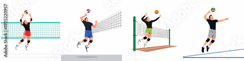 Dynamic illustrations of male and female volleyball players showcasing various game actions like setting, spiking, blocking, and serving near the net.