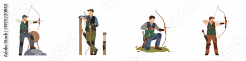 Male archers practicing traditional archery. A collection of men in various stances, aiming bows and arrows, representing sport, hobby, and outdoor activity.