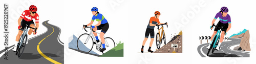 Illustrative set of diverse cyclists navigating challenging roads and steep climbs, showcasing the passion and athleticism of biking.