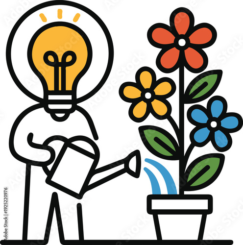 Lightbulb Head Character Nurturing Ideas by Watering Colorful Flowers