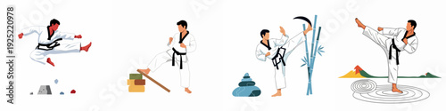 Dynamic Taekwondo Training and Practice Illustrations: Mastering Kicks, Breaking Boards, and Zen Focus in Korean Martial Arts