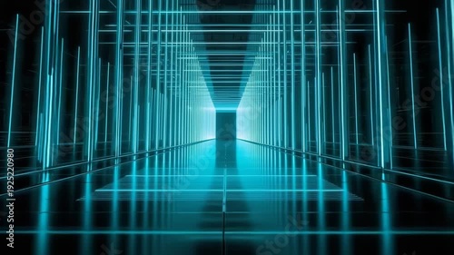 Futuristic glowing corridor formed by blue neon grid lines creating symmetrical digital tunnel perspective