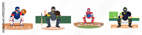 Four detailed vector illustrations of baseball catchers in various uniforms and poses, equipped with full protective gear on a baseball field.