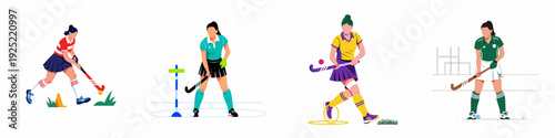 Diverse female field hockey players in action, demonstrating drills and game scenarios, highlighting athleticism, training, and competition.