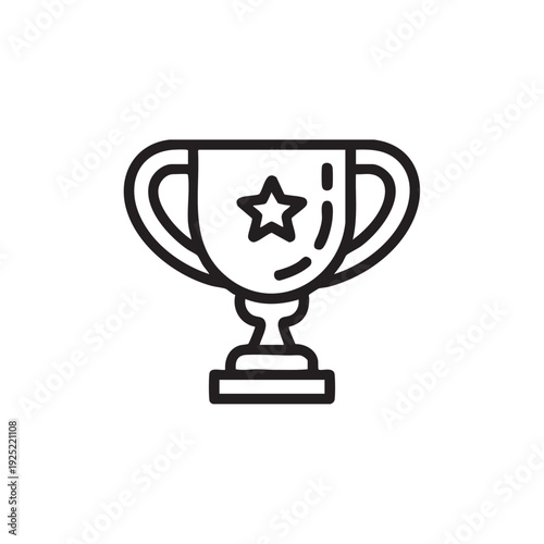 A simple black line drawing of a trophy cup with a star on a plain white background from a straightforward front view