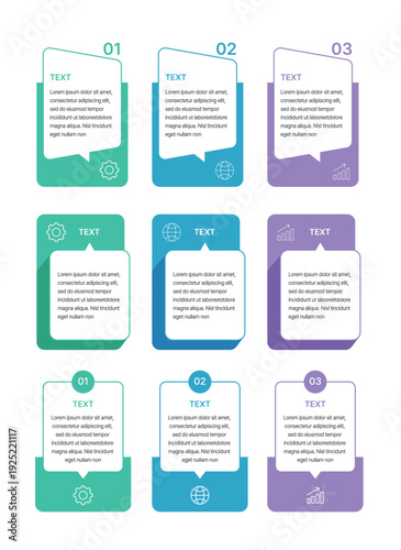 Infographic template set with 9 colorful text boxes in emerald, blue, and purple. Modern flat vector elements for business presentations, step-by-step processes, and creative data visualization.