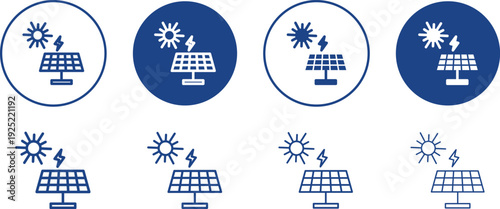 Variations of solar panel icons with sun and energy symbols in blue linear and solid styles, including circular badge designs.
