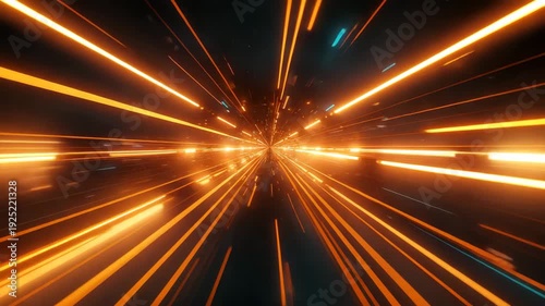 Abstract orange light streaks radiating through dark space creating high speed tunnel effect with motion perspective