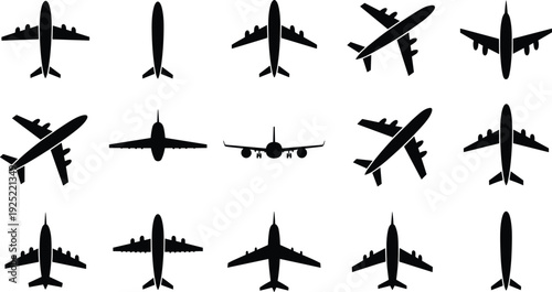 Airplane silhouette collection with top and front view passenger aircraft icons, isolated on white background, aviation transport set for travel and design