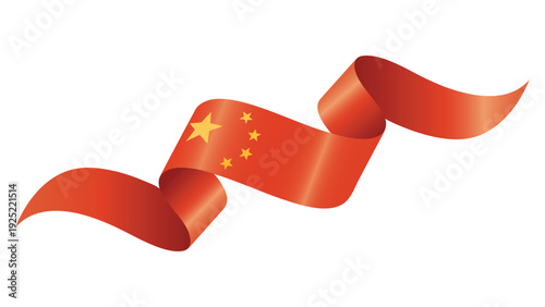 China Flag Ribbon Waving Banner with Five Stars Symbol Isolated on White Background, Patriotic Chinese National Identity Design