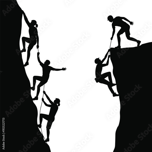 Silhouettes of Rock Climbers Helping Each Other on Cliff Edge, Teamwork and Leadership Concept Vector Illustration Isolated on White Background