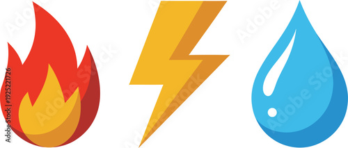 Vibrant icons of fire, lightning, and water droplet