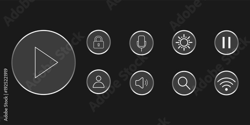 Liquid glass effect UI Design Elements for Glass button interface icon with light frame for mobile phone interface or web, vector illustration. Play, sound, mic or search