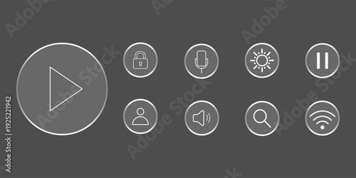 Liquid glass effect UI Design Elements for Glass button interface icon with light frame for mobile phone interface or web, vector illustration. Play, sound, mic or search