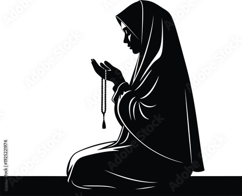 Vector silhouette of a woman in prayer wearing a hijab holding prayer beads