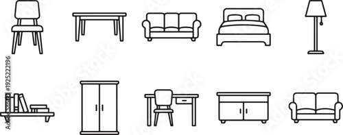 A collection of ten minimalist black and white line art icons representing various furniture items for interior design layouts Vector