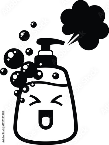 Vector of a soap dispenser with bubbles and a surprised expression in a playful style