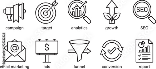 A collection of line art icons representing various concepts in digital marketing and business strategy Vector