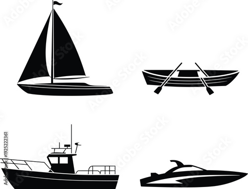 Set of Boat Silhouettes Including Sailboat, Rowboat, Fishing Vessel and Speedboat, Marine Transport Vector Illustration Isolated on White Background