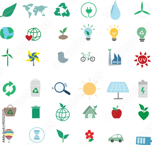 flat ecology icons representing green energy, environmental protection, sustainable living, and global conservation efforts.