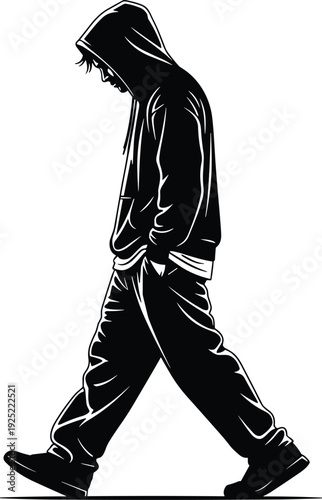 Φωτογραφία Hooded man walking silhouette side view urban street fashion male character vect