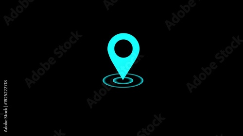 Blue location icon animation and radio waves on black background.