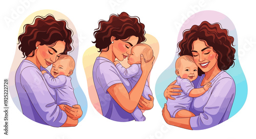 Mother Hugging Baby Illustration Set, Loving Mom Holding Sleeping and Happy Newborn Infant, Maternal Love and Parenting Care Concept, Tender Motherhood Bond Cartoon Style