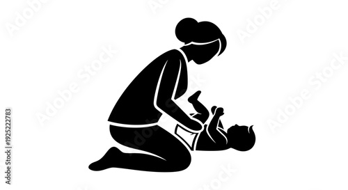 Mother Changing Baby Diaper Silhouette Illustration, Mom Caring for Newborn Infant, Parenting and Baby Hygiene Concept, Maternal Care and Child Nurturing Minimal Black Silhouette Graphic