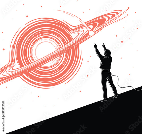 Vector of a person reaching out to touch a vibrant red planet with swirling rings in a starry sky