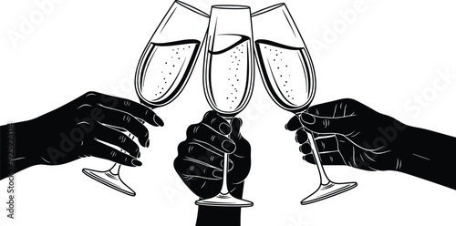 Hands holding champagne glasses clinking toast celebration party sparkling wine festive drink vector illustration social event concept