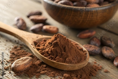 Photorealistic Cocoa Powder in Wooden Spoon with Cocoa Beans on Rustic Wood Surface