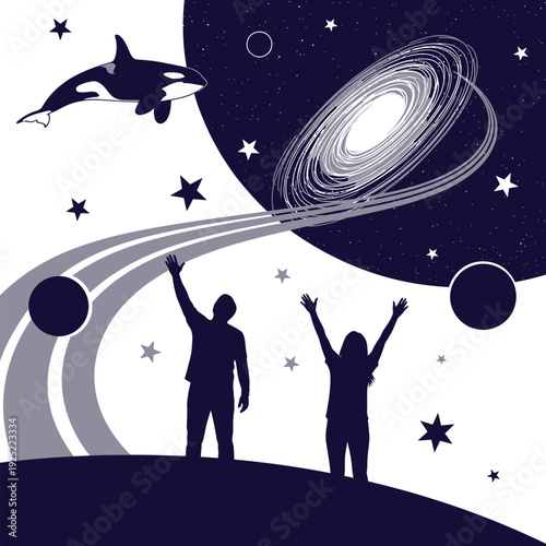 Vector of a man and woman reaching toward a whale flying through a starry galaxy