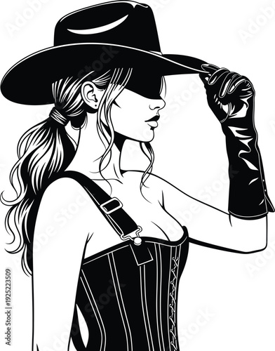 Vector of a stylish woman holding a cowboy hat with a corset and gloves