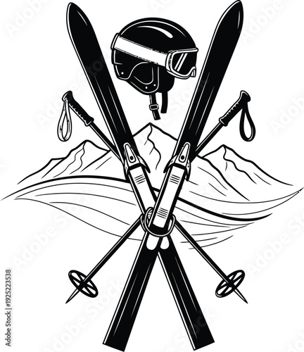 Skiing equipment illustration with a mountain backdrop black and white silhouette
