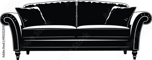 Elegant sofa with curved arms and decorative cushions a striking silhouette