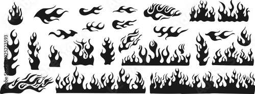 Stylized flame and fire element set with bold silhouettes and dynamic shapes. Decorative burning effects ideal for logos, posters, tattoos, stickers, hot designs, gaming graphics, branding, prints, an
