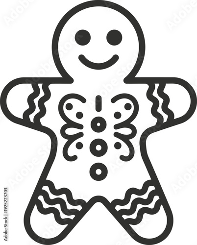 Vector of a gingerbread man with a smiling face and decorative icing details on the body and limbs