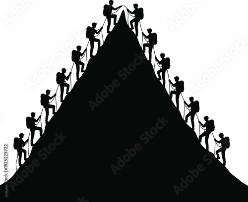 Silhouette of Mountaineers Climbing Steep Mountain Peak with Ropes and Backpacks, Teamwork and Adventure Expedition Concept Vector Illustration Isolated on White Background