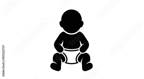 Baby Sitting Silhouette Illustration, Cute Infant Wearing Diaper Sitting Pose, Newborn Child Icon, Minimal Black Silhouette Baby Character, Infant Care and Parenting Concept Graphic