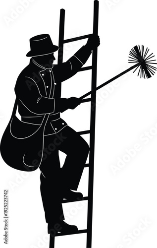 A chimney sweep climbs a ladder with tools depicted in silhouette