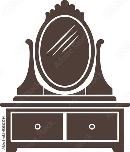 Vector of an ornate dresser with an oval mirror and two drawers with handles
