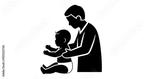 Father Feeding Baby Silhouette Illustration, Dad Giving Food to Infant Child, Parenting and Fatherhood Care Concept, Parent and Child Bonding Moment, Minimal Black Silhouette Family Care Graphic