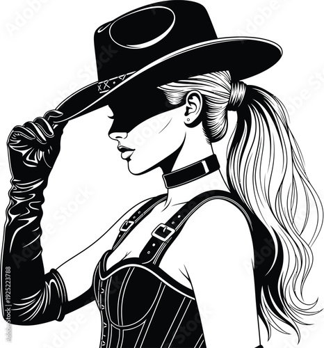 Vector of a woman wearing a cowboy hat, holding the brim of the hat with gloved hands