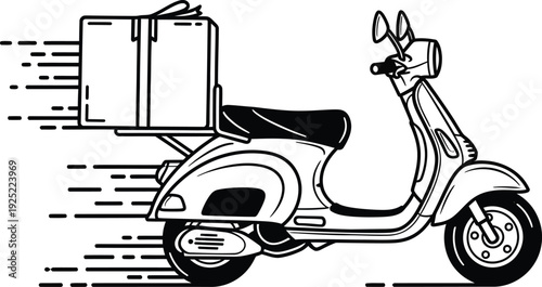Vector of a delivery scooter with a large box attached speeding down a road